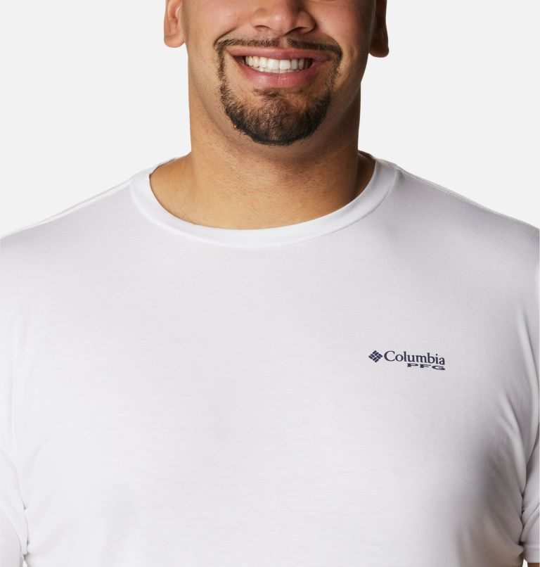 Men's Columbia PFG Fish Flag Tech Short Sleeve T Shirts White | Plus Size CA-SL38A